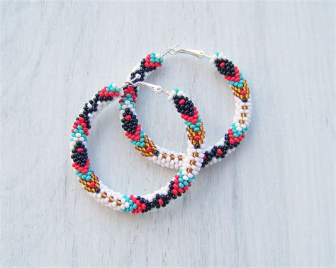 Native American Inspired Beaded Hoop Earrings Navajo Hoop Etsy