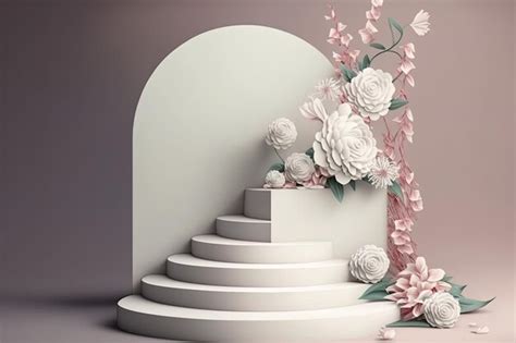 Premium Photo | Firstrate flower arrangement on a white stone platform with a pink flower bouquet