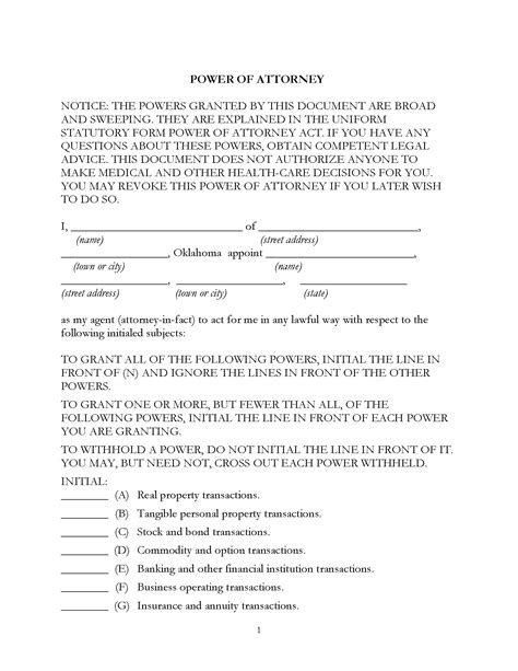 Free Oklahoma Durable Power Of Attorney Form Pdf