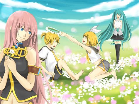 Aqua Hair Blonde Hair Flowers Group Hatsune Miku Kagamine Len Kagamine