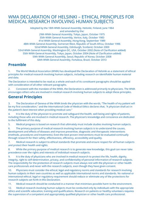 Wma Declaration Of Helsinki Ethical Principles For Medical Research Involving Human Subjects