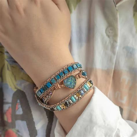 Pulseras Bohemias De Cuero Con Forma De Coraz N Azul Para Mujer Joyer A