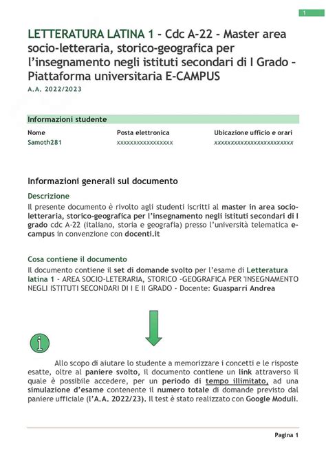 Paniere Svolto Letteratura Latina 1 Con Test Di Esercitazione