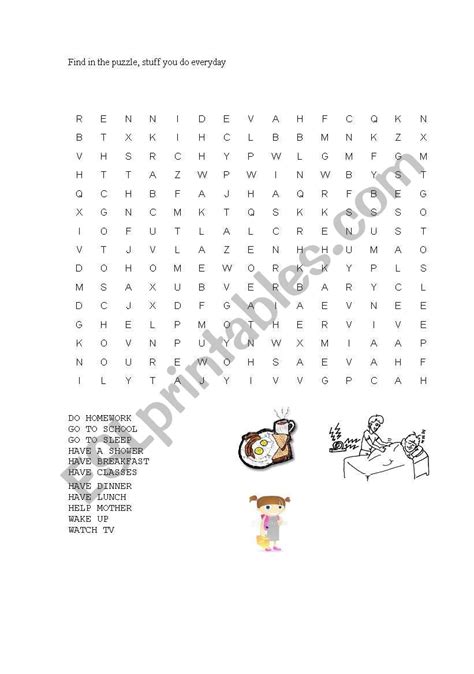 English Worksheets Daily Routines Word Search