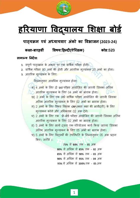 Hbse Th Syllabus Hindi Elective Pdf Haryana Board Class