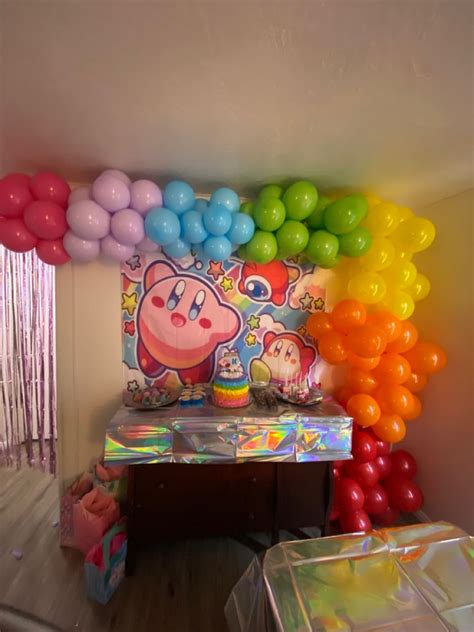 Kirby Cake Table With Rainbow Balloons Nintendo Birthday Party