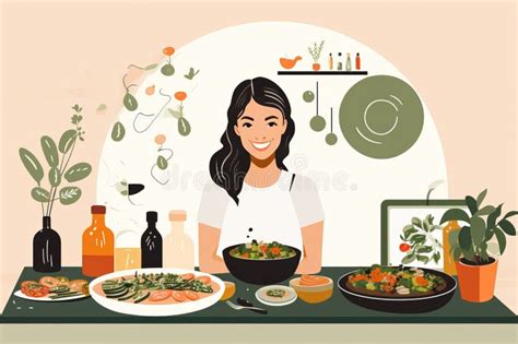 Food Blogger Presenting A Beautifully Plated Dish Kitchen In The Background Stock Illustration