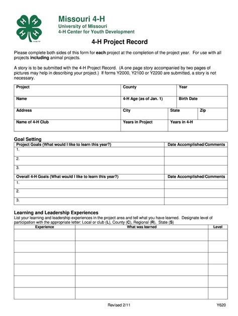 Fillable Online Extension Missouri The Missouri Project Record