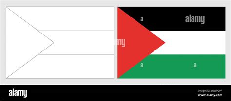 Palestine Flag Coloring Page Set Of White Wireframe Thin Black