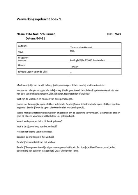 Boekverslag Hex Kopie Verwerkingsopdracht Boek Naam Dito No L