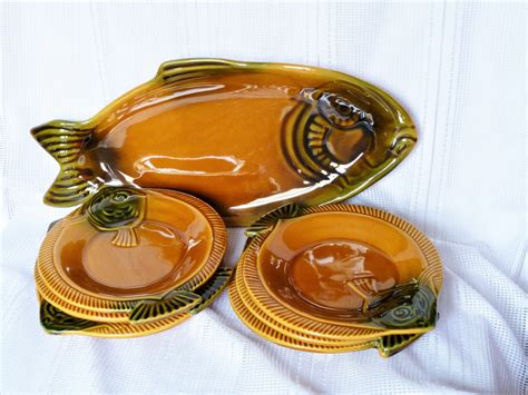 Ceramic Fish Service Vintage Fish Service Slip Fish Plate Etsy