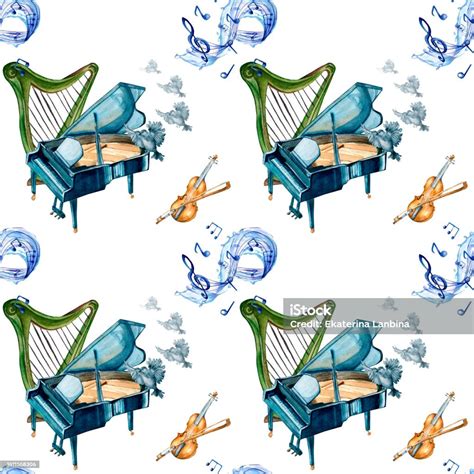 Piano Violin And Harp Watercolor Seamless Pattern On White Stock Illustration Download Image