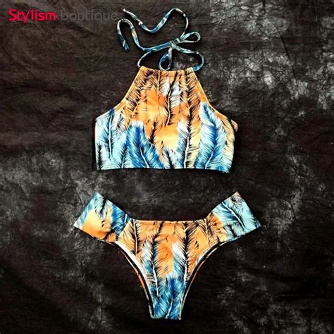 Sexy High Neck Bikini 2018 Swimwear Women Swimsuit Printed Halter Top