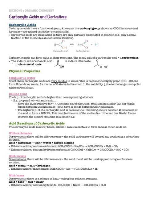 Summary Notes For Aqa A Level Chemistry Unit 339 Carboxylic Acids