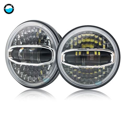 2Psc 7 Inch LED Headlight H4 Hi Lo With Blue White Halo Angel Eyes For