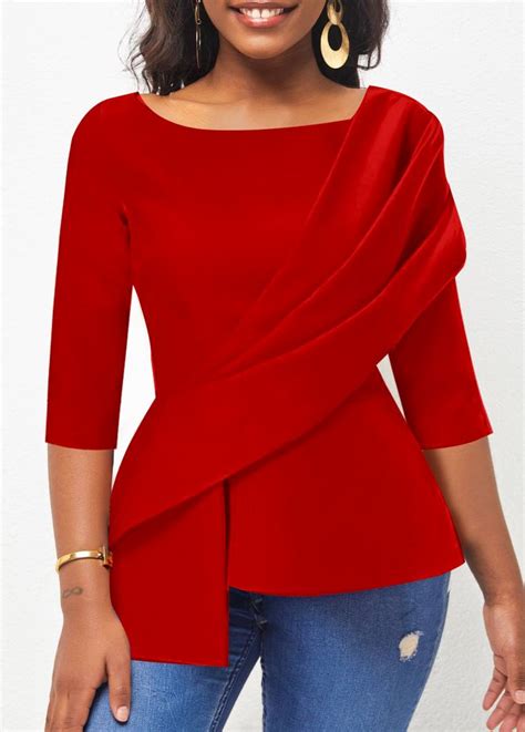 Asymmetry Red 34 Sleeve Boat Neck Blouse Usd 3298 Women Blouses Fashion