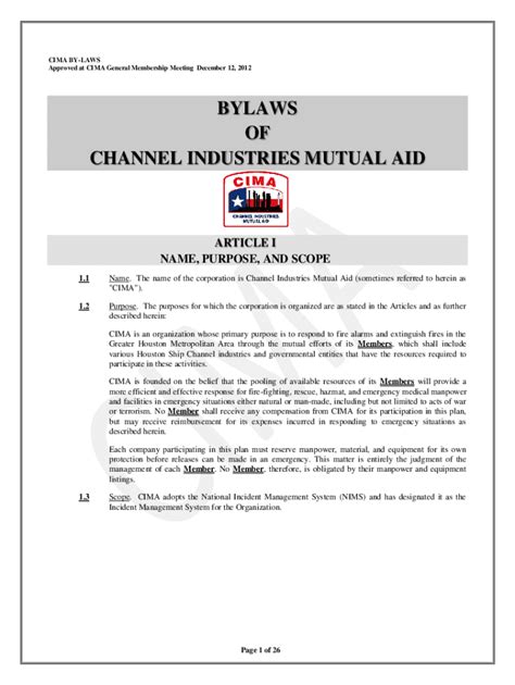 Fillable Online Bylaws Of Channel Industries Mutual Aid CIMA Bylaws