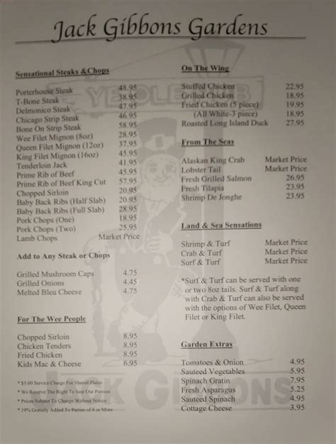 Menu At Jack Gibbons Gardens Steakhouse Oak Forest