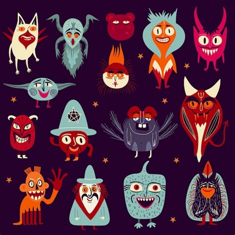 Premium Vector A Set Of Vibrant Strange Charming Halloween Characters