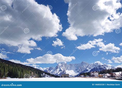 Lake Misurina in Winter. the Snow Covers the Lake`s Ice. Sorapis Mountain in Background. Stock ...