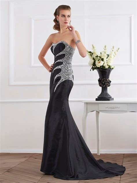 Trumpet Mermaid Strapless Sleeveless Beading Long Taffeta Dresses Hebeos