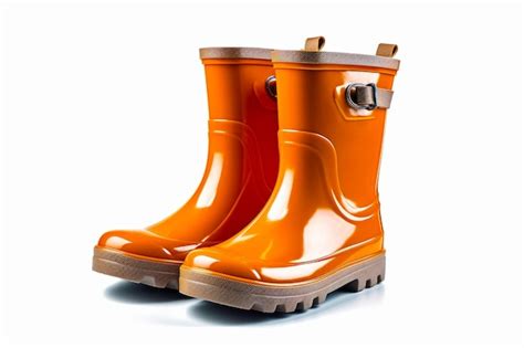 Premium Photo Pair Of Orange Rain Boots Sitting On Top Of White Floor Next To Each Other