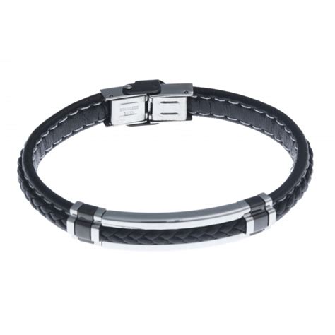 Bracelet Acier Homme Tons Noir Et Blanc Homme Cuir Noir Cm