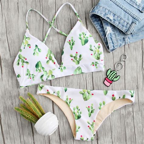 Cactus Print Cross Back Bikini Set Womens Swimsuits Bikini Swimsuits