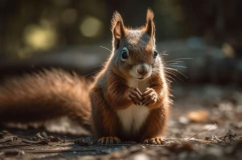 Una Ardilla Roja Se Sienta En El Suelo De Un Bosque Con Una Hoja En El