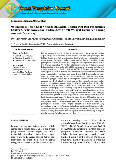 Pdf Optimalisasi Peran Kader Kesehatan Dalam Deteksi Dini Dan