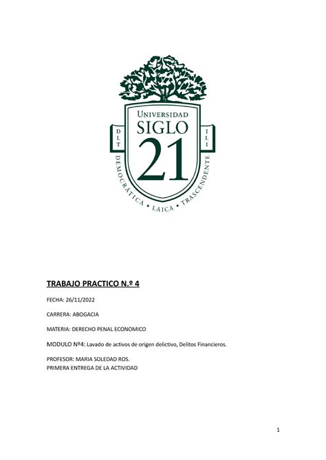 Tp 4 Derecho Penal Economico Nota 10 Trabajo Practico N º 4 Fecha 26 11 Carrera Abogacia