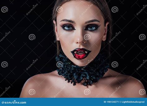Scary Naked Vampire Girl With Fangs Isolated On Black Stock Image Image Of Party Event