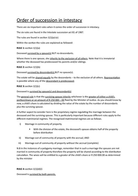 Rules Of Succession Section 1 Of The Intestate Succession Act 81 Of 1987 Order Of Succession