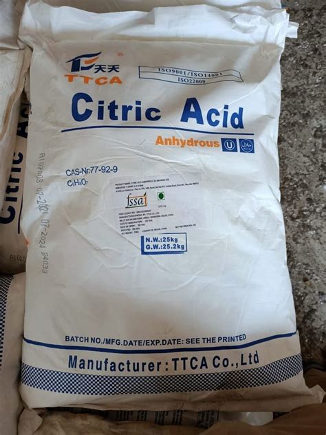 Powder CITRIC ACID ANHYDROUS TTCA Packaging Size 25KG At 70 Kg In