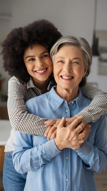 Happy Mature Mother And Her Adult Daughter Embracing At Home Premium AI Generated Image