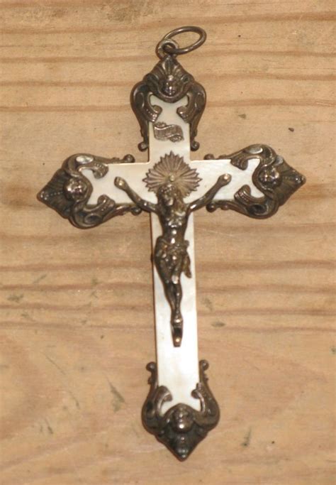 Ancienne Grande Croix Pendentif Crucifix En Nacre Et Argent Massif