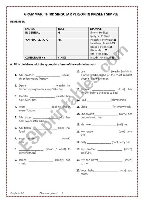 Third Singular Person In Present Simple Esl Worksheet By Estefanía2016