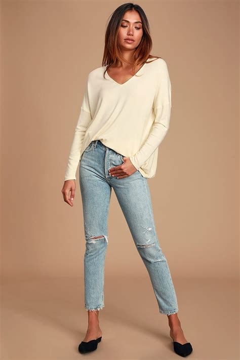 Paulyne Cream Long Sleeve Surplice Back Top Jersey Knit Top Tops