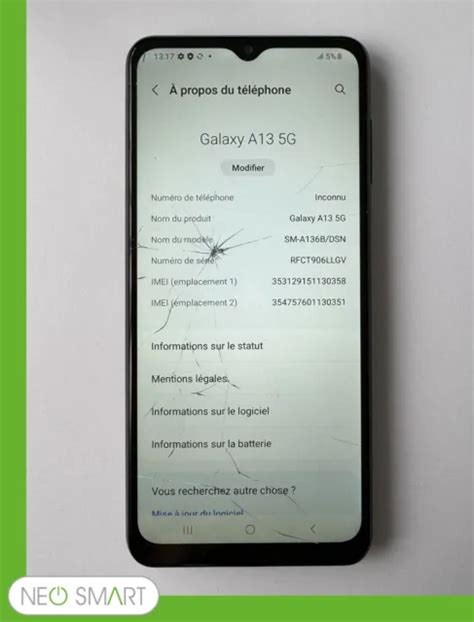 SMARTPHONE SAMSUNG A13 5G SM A136B DSN 64 GO Vitre cassée EUR