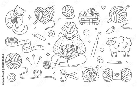 Crochet Doodle Illustration Including Girl Knitting Clothes Cat