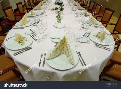 Table Setting Large Dinner Table Set Up For A Lot Of People Stock Photo