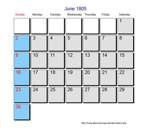 June 1805 Roman Catholic Saints Calendar