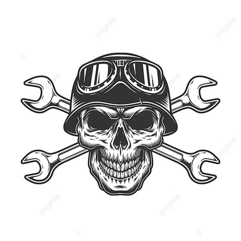 Vintage Monochrome Biker Skull Concept With Motorcycle Helmet Goggles