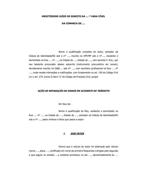 Inicial Ação de Reparação de Danos em Acidente de Trânsito Iniciais