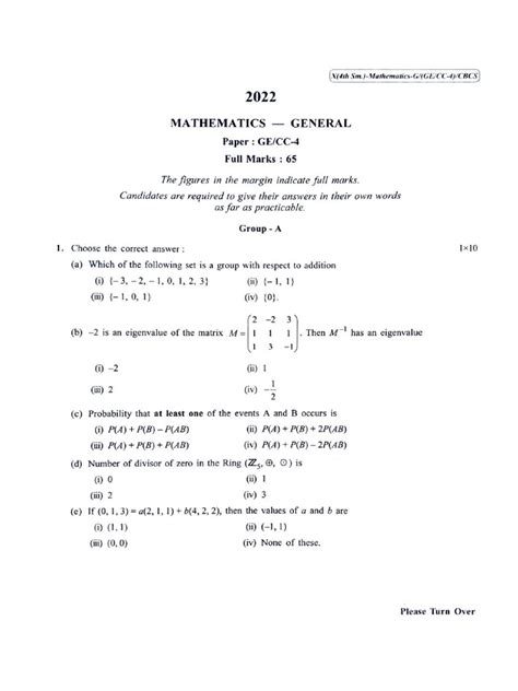 Cu 2022 B Sc General Mathematics Semester 4 Paper Cc4 Ge4 Qp Pdf