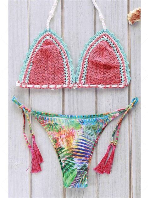Printed Crocheted Bikini Set In WATERMELON RED M ZAFUL