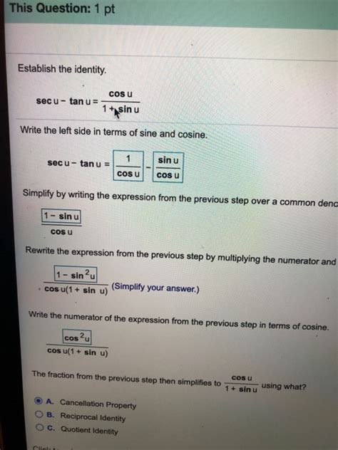 Solved This Question Pt Establish The Identity Cos U Chegg