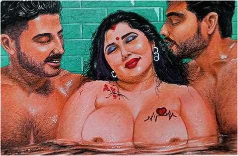 Arte Erótico O Dibujo De Una Mujer India Sexy Teniendo Una Aventura Caliente Con Su Dos Cuñados