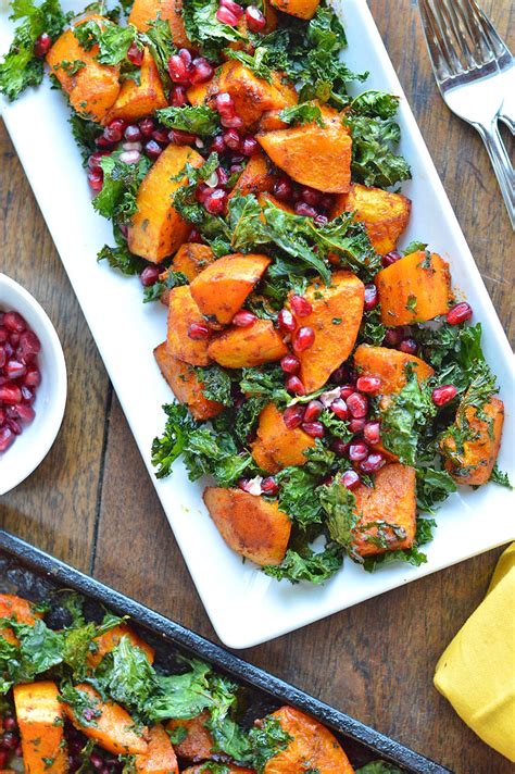 Roasted Butternut Squash W Crispy Kale And Pomegranate Seeds Thanksgiving Side Dish