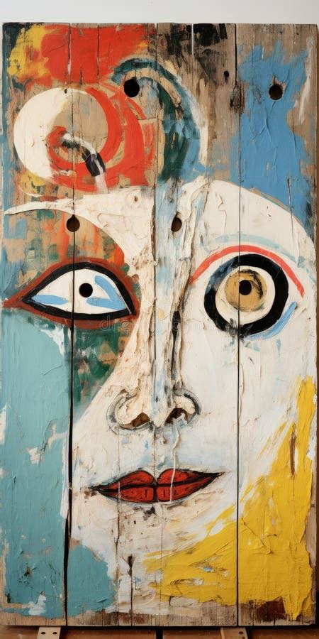 Expressive Characters Abstract Face Painting On Vintage Barn Wood Sign